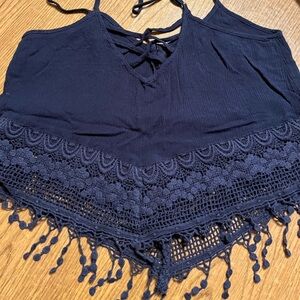 Navy Crochet Fringe Tank Top